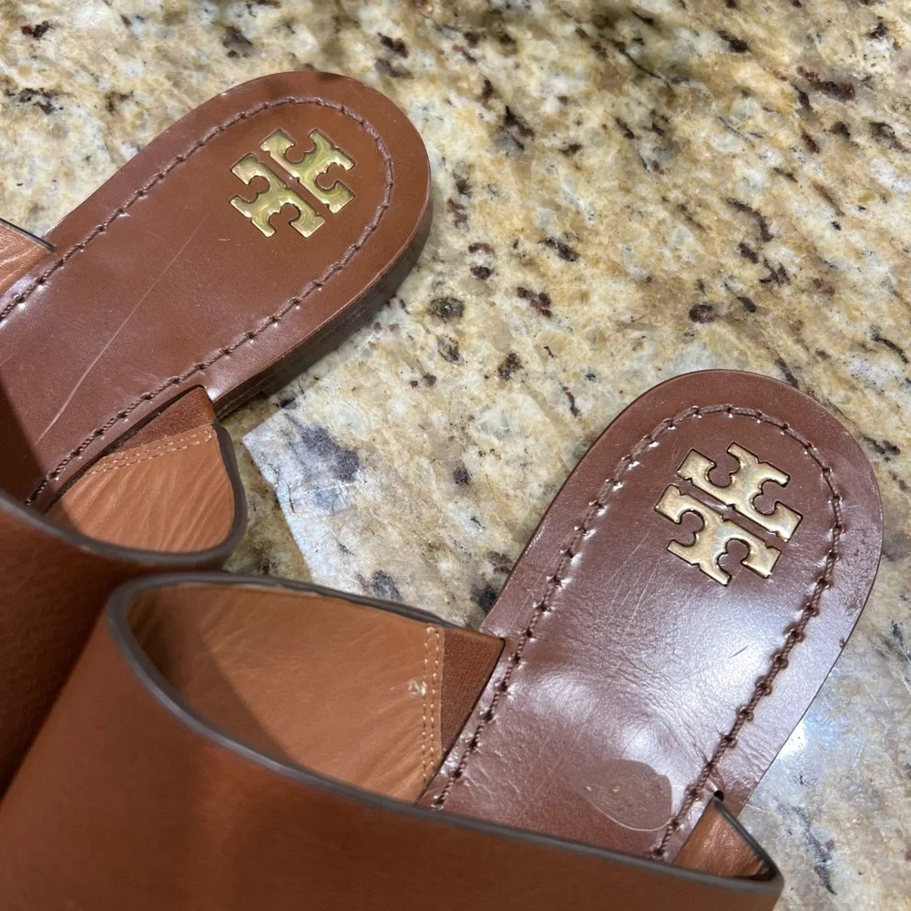 Tory Burch Patos Disk Brown Leather Flat Sandals 9.5